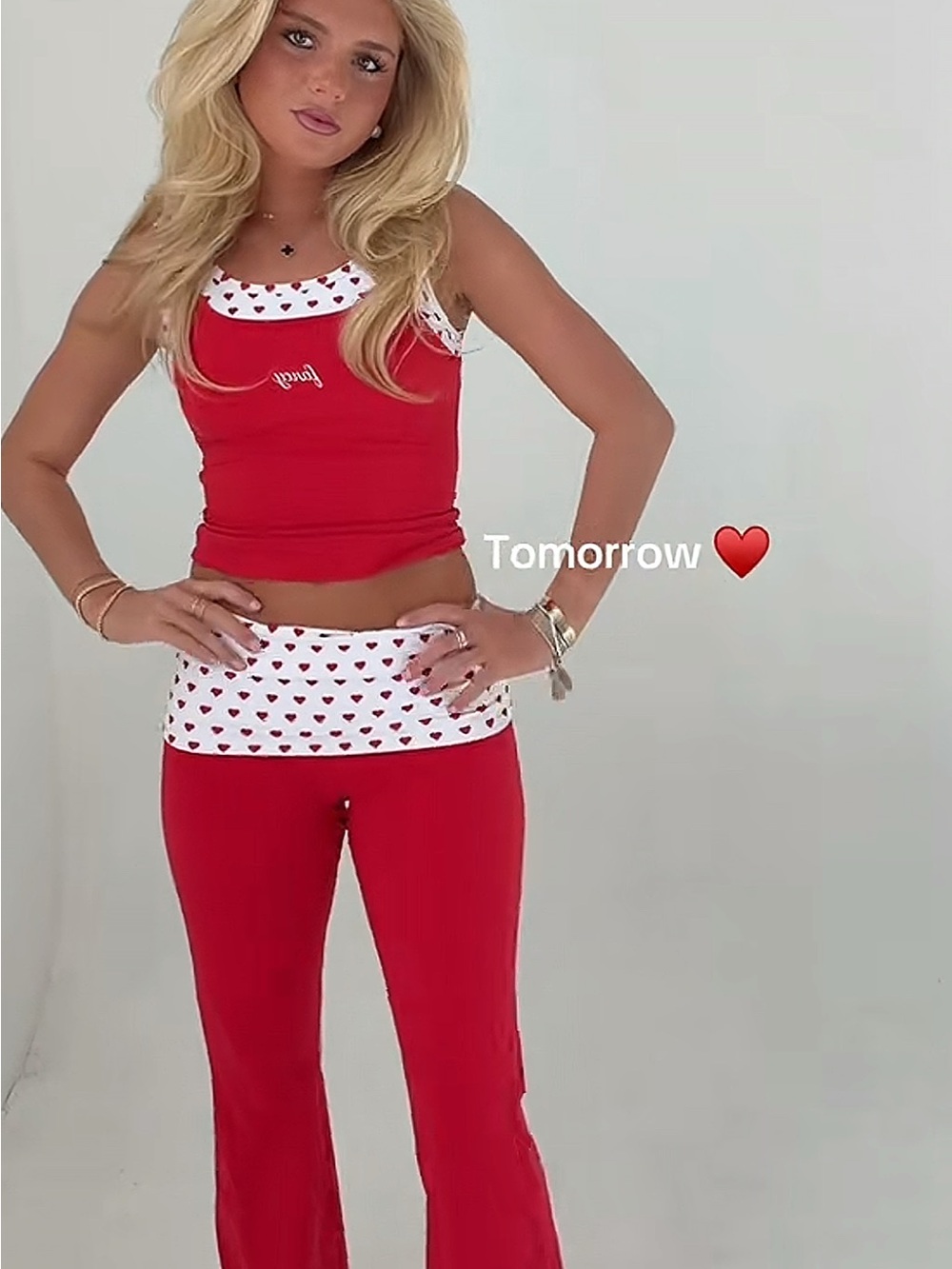 Women's Red Heart-Trim Boot Cut Pants & Tank Set